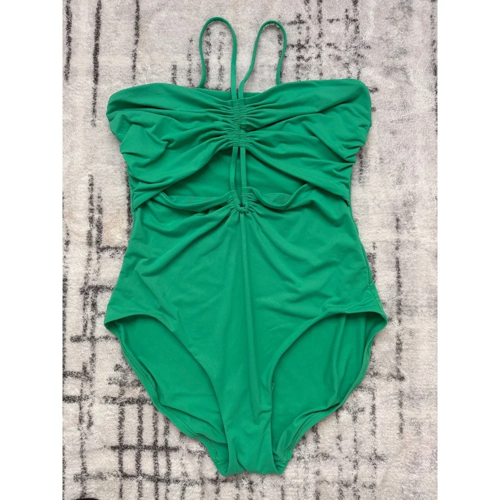 Calia Green Ruched Cutout One Piece Swimsuit Size 12 Bandeau Strappy Swimwear
